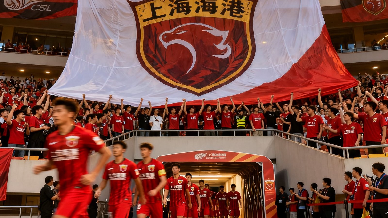 中超新赛季开幕战，上海海港主场球迷巨型tifo与球员入场