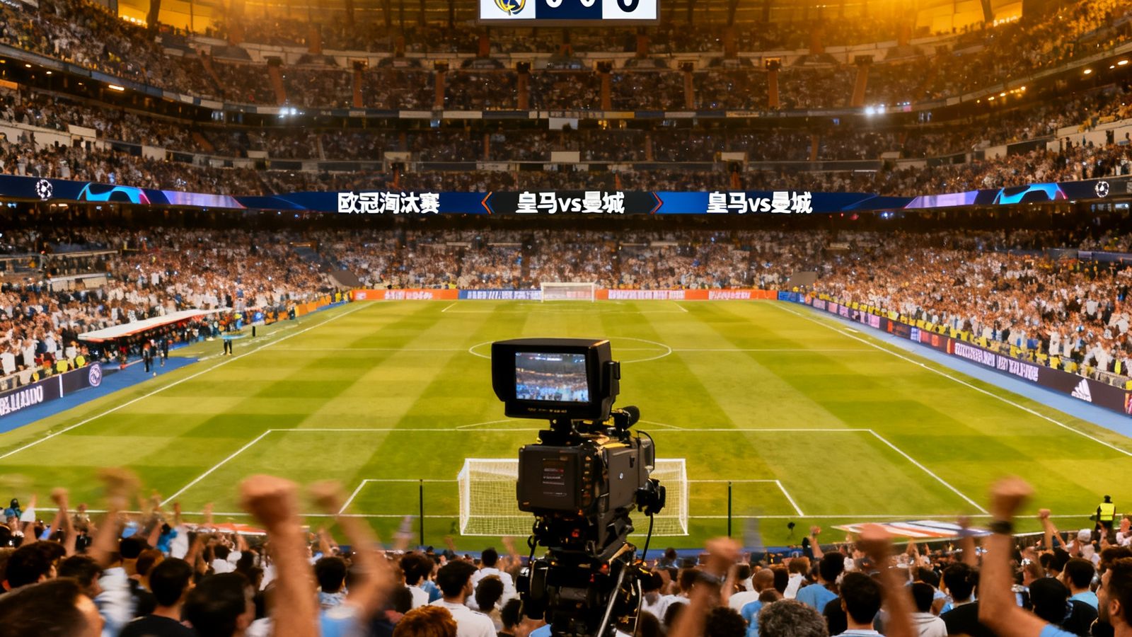 欧冠淘汰赛焦点战皇马对阵曼城，伯纳乌球场全景直播画面